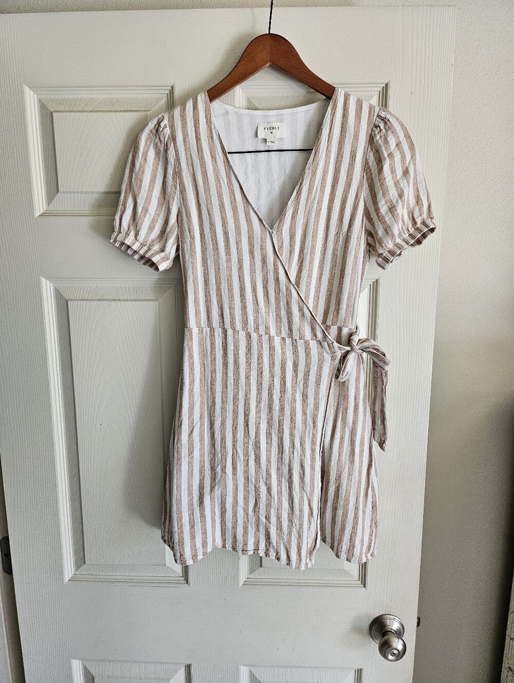 Everly S Mini Dress or Tunic Linen Mix Tan and White Striped Very Good Condition